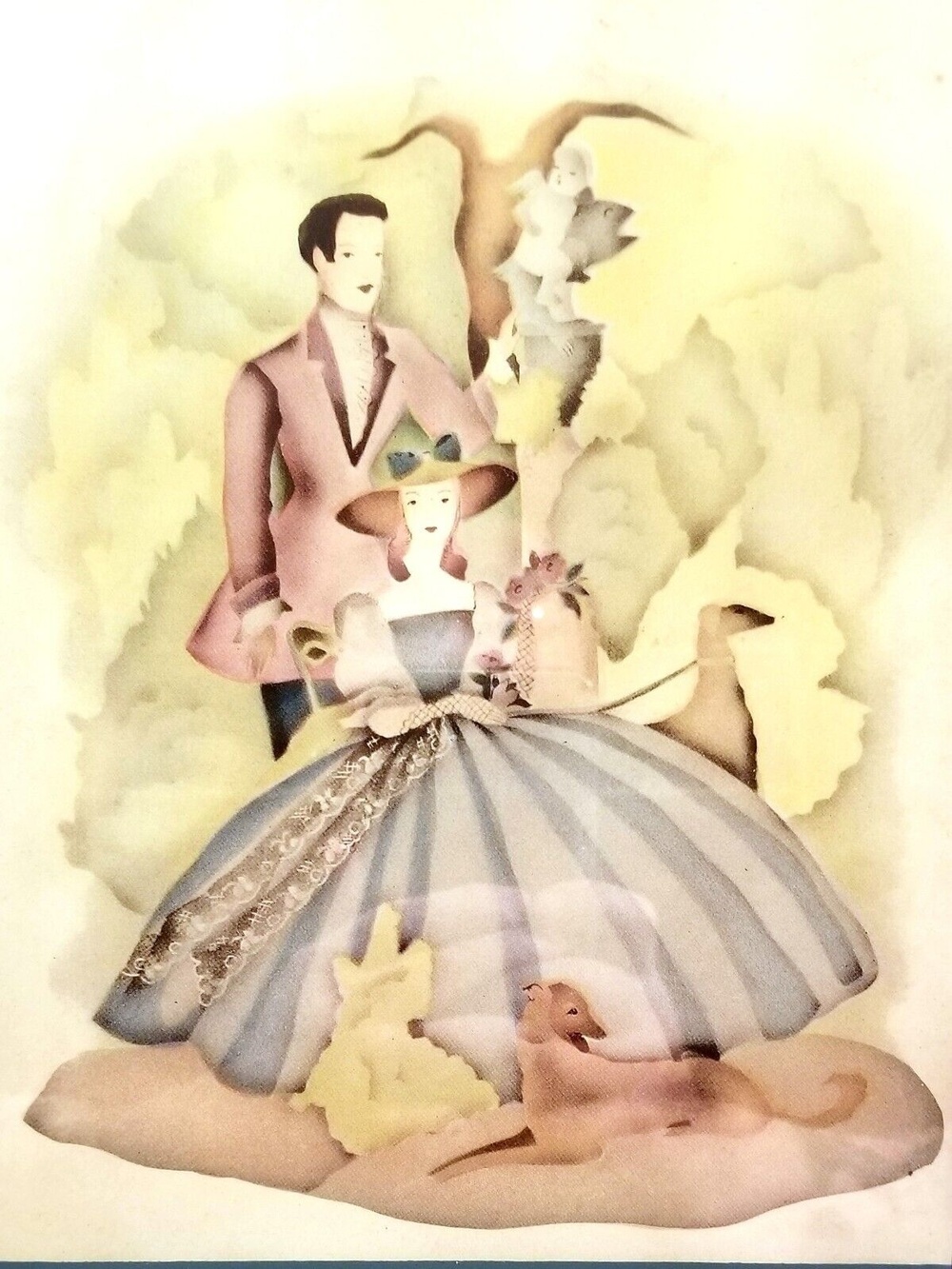 Vintage Art Deco Courting Couple 1940s Watercolor Style Framed Lithograph